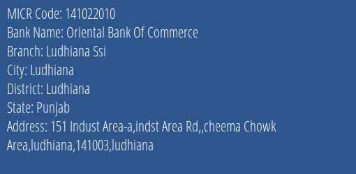 Oriental Bank Of Commerce Ludhiana Ssi MICR Code