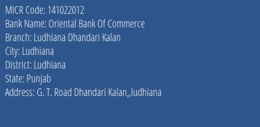 Oriental Bank Of Commerce Ludhiana Dhandari Kalan MICR Code