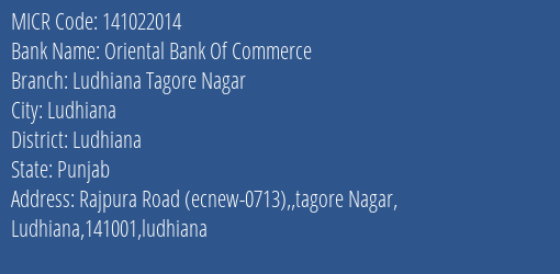Oriental Bank Of Commerce Ludhiana Tagore Nagar MICR Code