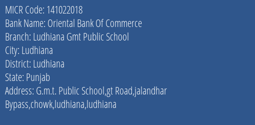 Oriental Bank Of Commerce Ludhiana Gmt Public School MICR Code