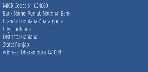 Punjab National Bank Ludhiana Dharampura MICR Code
