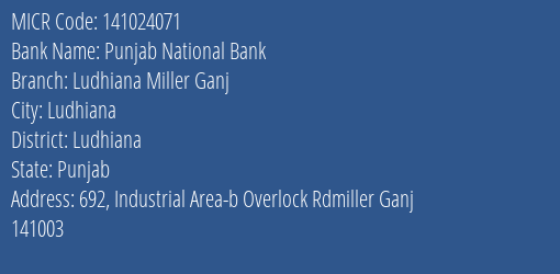 Punjab National Bank Ludhiana Miller Ganj MICR Code