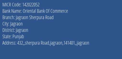 Oriental Bank Of Commerce Jagraon Sherpura Road MICR Code