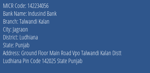 Indusind Bank Talwandi Kalan MICR Code