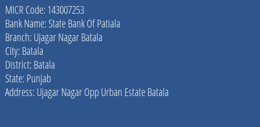 State Bank Of Patiala Ujagar Nagar Batala MICR Code
