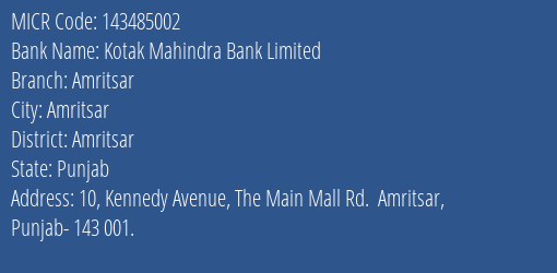 Kotak Mahindra Bank Limited Amritsar MICR Code