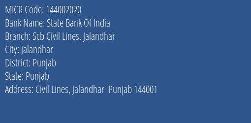 State Bank Of India Scb Civil Lines, Jalandhar Branch Address Details and MICR Code 144002020