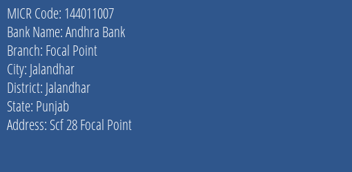 Andhra Bank Focal Point MICR Code