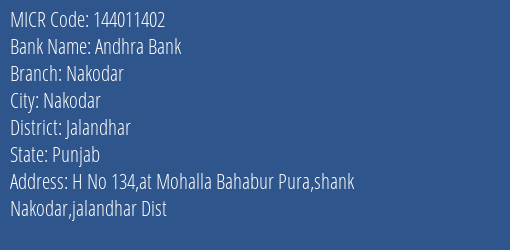 Andhra Bank Nakodar MICR Code