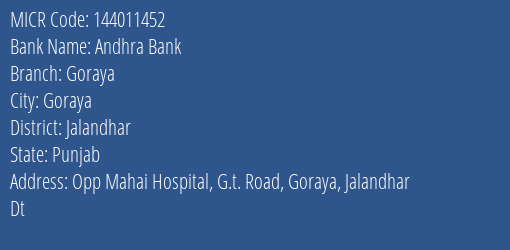 Andhra Bank Goraya MICR Code