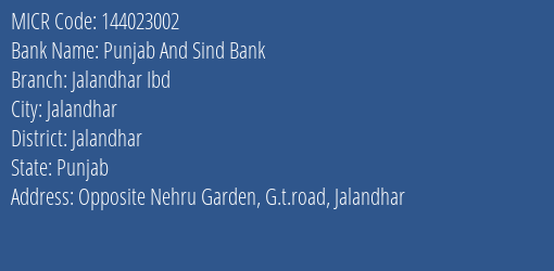 Punjab And Sind Bank Jalandhar G.t.road Branch Address Details and MICR Code 144023002