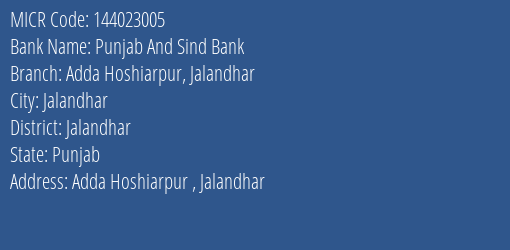 Punjab And Sind Bank Adda Hoshiarpur Jalandhar Branch Address Details and MICR Code 144023005