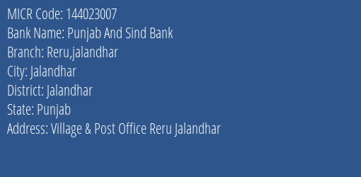 Punjab And Sind Bank Reru Jalandhar Branch Address Details and MICR Code 144023007