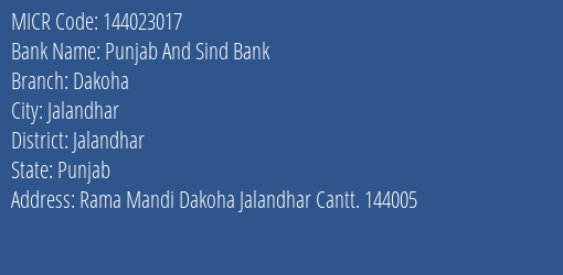 Punjab And Sind Bank Dakoha Branch Address Details and MICR Code 144023017