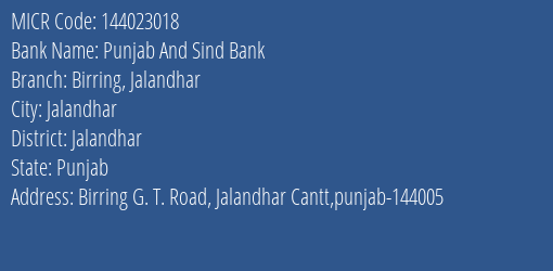 Punjab And Sind Bank Birring Jalandhar Branch Address Details and MICR Code 144023018