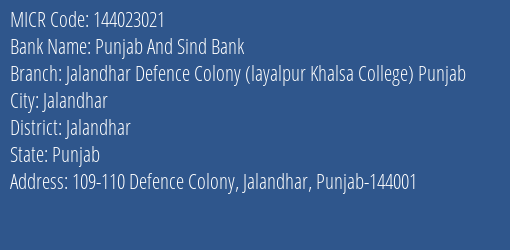 Punjab And Sind Bank Jalandhar Defence Colony Layalpur Khalsa College Punjab Branch Address Details and MICR Code 144023021