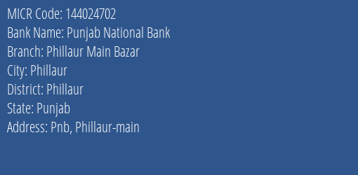 Punjab National Bank Phillaur Main Bazar Branch Address Details and MICR Code 144024702