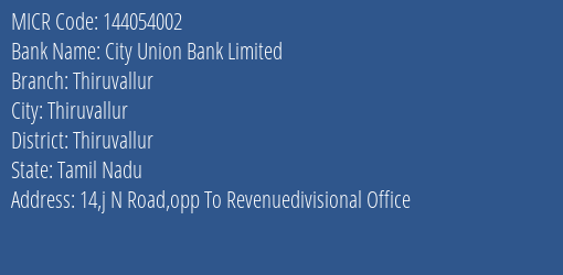 City Union Bank Limited Thiruvallur MICR Code