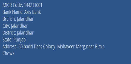 Axis Bank Jalandhar MICR Code