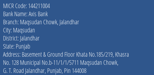 Axis Bank Maqsudan Chowk Jalandhar MICR Code