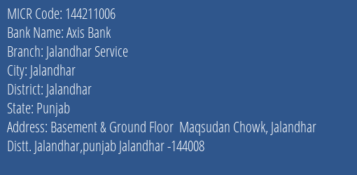 Axis Bank Jalandhar Service MICR Code