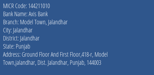 Axis Bank Model Town Jalandhar MICR Code