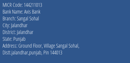 Axis Bank Sangal Sohal MICR Code