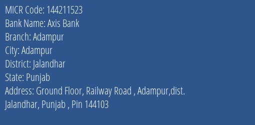 Axis Bank Adampur MICR Code
