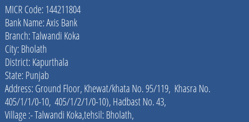Axis Bank Talwandi Koka Branch Address Details and MICR Code 144211804