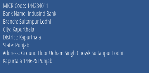 Indusind Bank Sultanpur Lodhi MICR Code