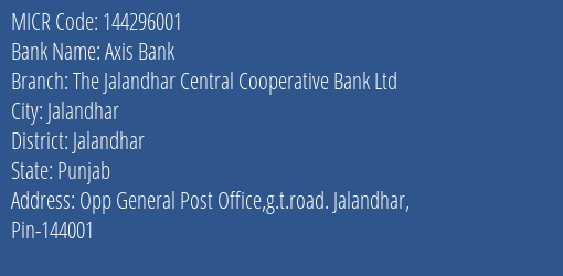 The Jalandhar Central Cooperative Bank Ltd G.t.road MICR Code