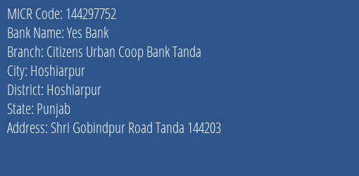 Citizens Urban Coop Bank Tanda MICR Code