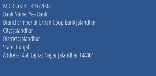 Imperial Urban Coop Bank Jalandhar MICR Code