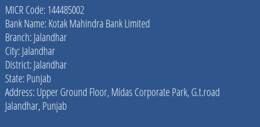 Kotak Mahindra Bank Limited Jalandhar MICR Code