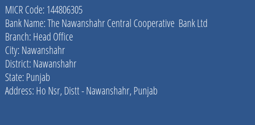The Nawanshahr Central Cooperative Bank Ltd Head Office MICR Code