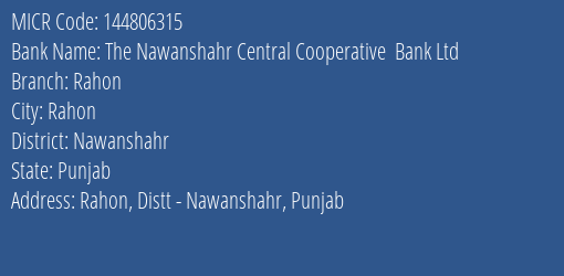 The Nawanshahr Central Cooperative Bank Ltd Rahon MICR Code