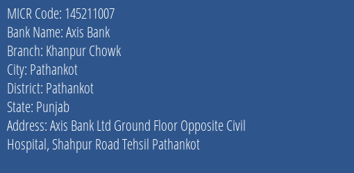 Axis Bank Khanpur Chowk MICR Code