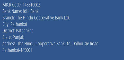The Hindu Cooperative Bank Ltd Dalhousie Road MICR Code