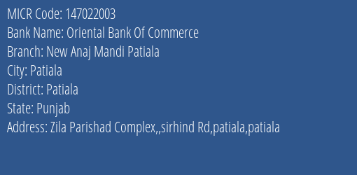 Oriental Bank Of Commerce New Anaj Mandi Patiala MICR Code