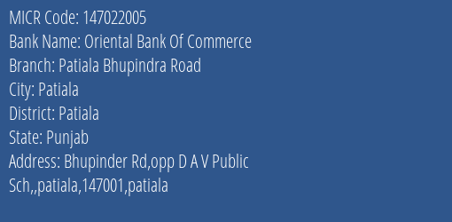 Oriental Bank Of Commerce Patiala Bhupindra Road MICR Code