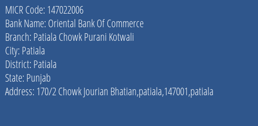 Oriental Bank Of Commerce Patiala Chowk Purani Kotwali MICR Code