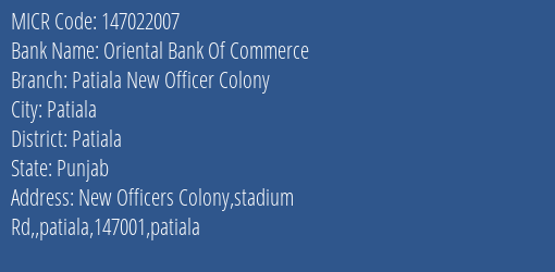 Oriental Bank Of Commerce Patiala New Officer Colony MICR Code