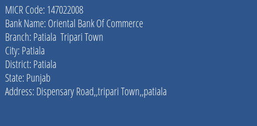 Oriental Bank Of Commerce Patiala Tripari Town MICR Code