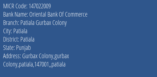 Oriental Bank Of Commerce Patiala Gurbax Colony MICR Code