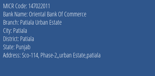 Oriental Bank Of Commerce Patiala Urban Estate MICR Code