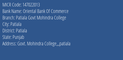 Oriental Bank Of Commerce Patiala Govt Mohindra College MICR Code