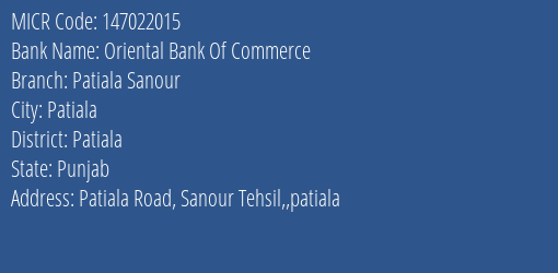 Oriental Bank Of Commerce Patiala Sanour MICR Code