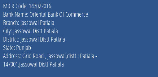 Oriental Bank Of Commerce Jassowal Patiala MICR Code