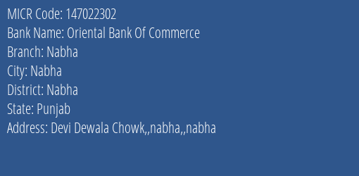 Oriental Bank Of Commerce Nabha Branch Address Details and MICR Code 147022302