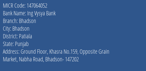 Ing Vysya Bank Bhadson MICR Code